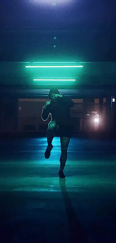 Runner illuminated by neon lights in a dark urban setting, creating a dynamic ambiance.