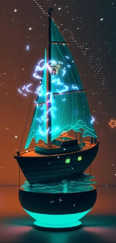 Neon sailboat glowing cyan art on dark background.