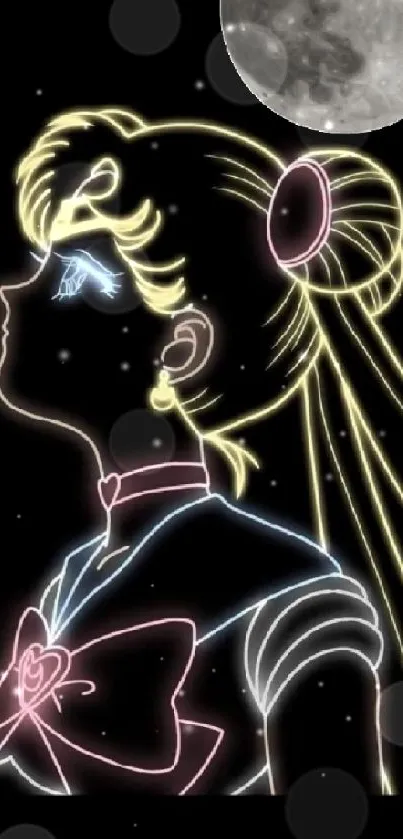 Neon outline of Sailor Moon with a moon backdrop.