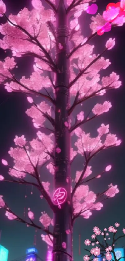 Neon-lit sakura tree wallpaper at night in a vibrant urban setting.