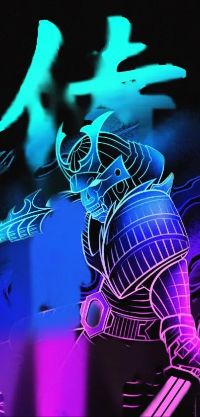 Vibrant neon samurai artwork with glowing effects on black background.