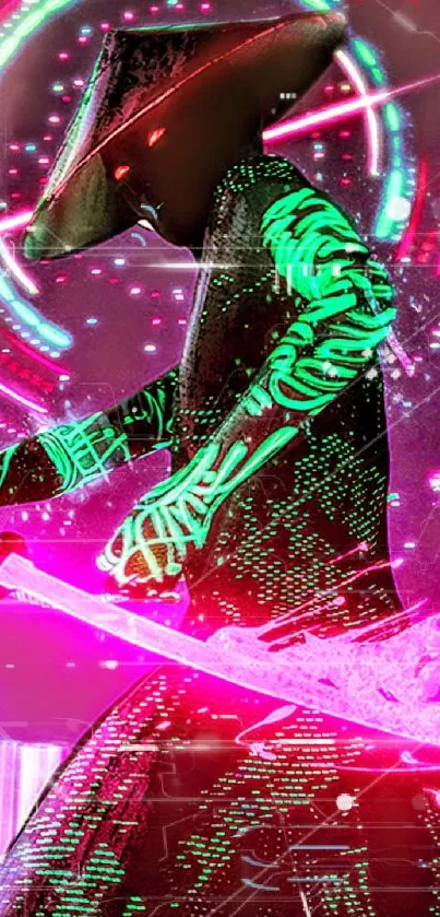 Neon samurai with cyberpunk glow and sword.