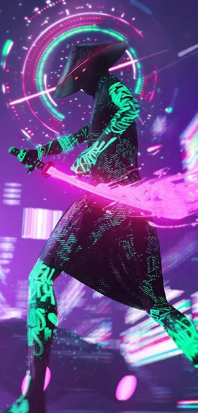 Neon samurai in a dynamic cyberpunk scene.