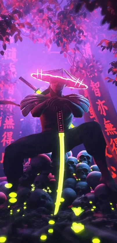 Neon samurai with sword in cyberpunk forest