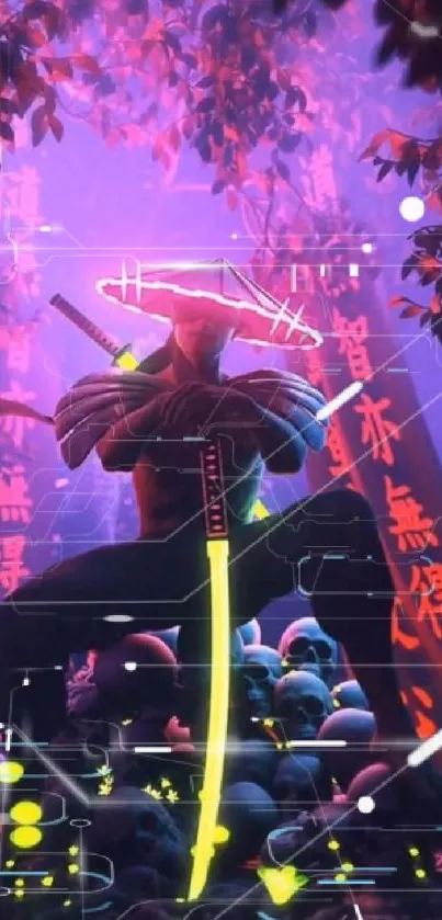 Neon-lit samurai with sword in a purple fantasy scene.