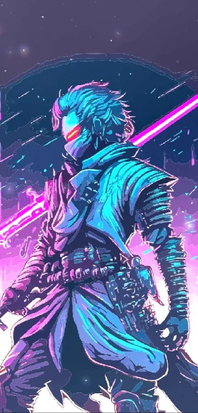 Neon samurai with futuristic sword glowing in vibrant colors.