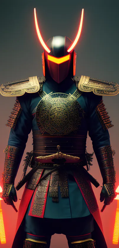 Futuristic samurai with neon red highlights in intricate armor design.