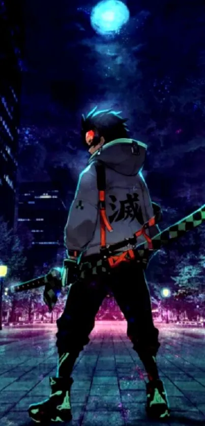 Neon samurai standing under a glowing moon in a cityscape, vibrant and mysterious.