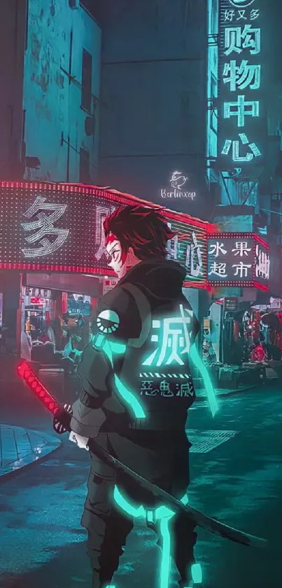 Neon-lit street with samurai character in cyberpunk style.