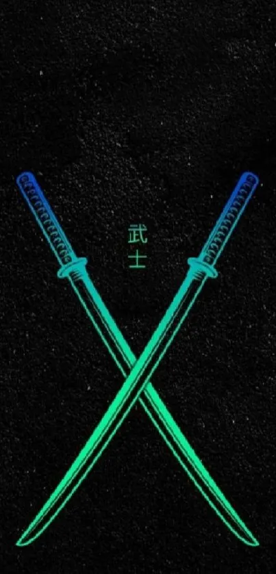 Neon crossed samurai swords on black background wallpaper.