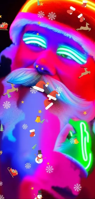 Neon Santa Christmas wallpaper with festive colors and symbols.