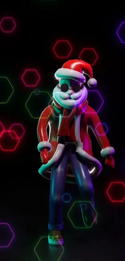 Neon Santa Claus with glowing hexagons wallpaper.