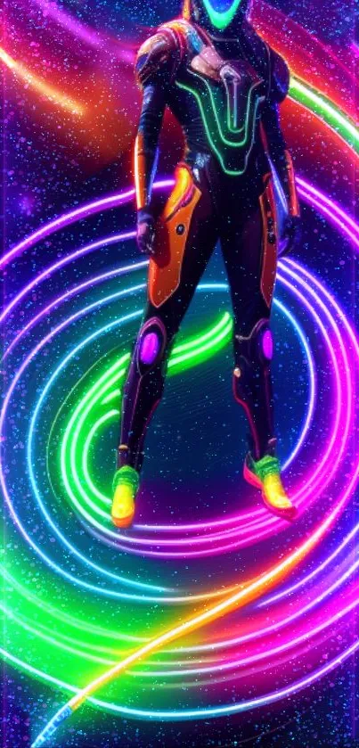 Futuristic neon sci-fi wallpaper with colorful spirals and a space theme.