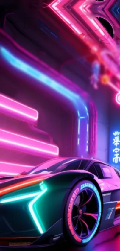 Futuristic neon-lit car in a sci-fi cityscape setting.