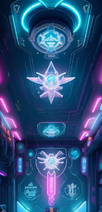 Neon sci-fi corridor with glowing elements and futuristic design.