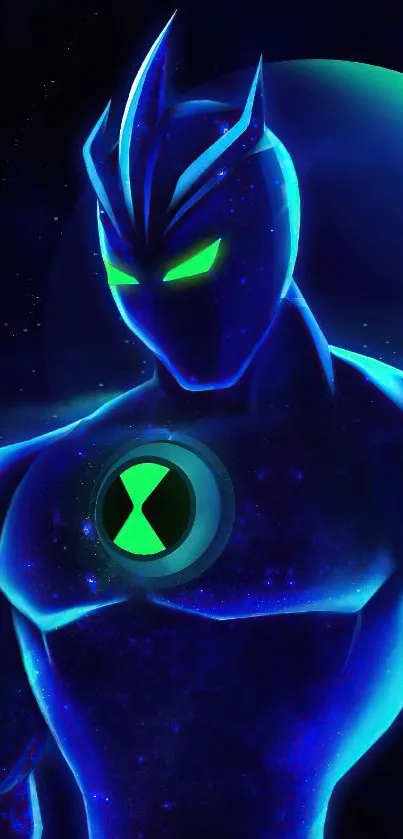 Neon sci-fi hero in vivid blue hues.