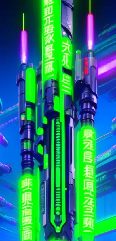 Neon green futuristic sci-fi phone wallpaper with glowing lights.