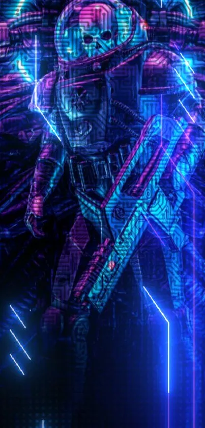 Neon space warrior in a sci-fi suit with vibrant colors.