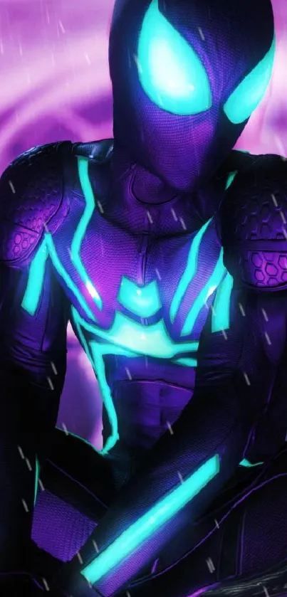 Neon superhero with glowing accents on a vibrant purple background.