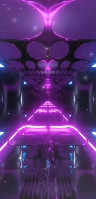 Futuristic tunnel with neon lights in purple and blue hues creating a sci-fi atmosphere.