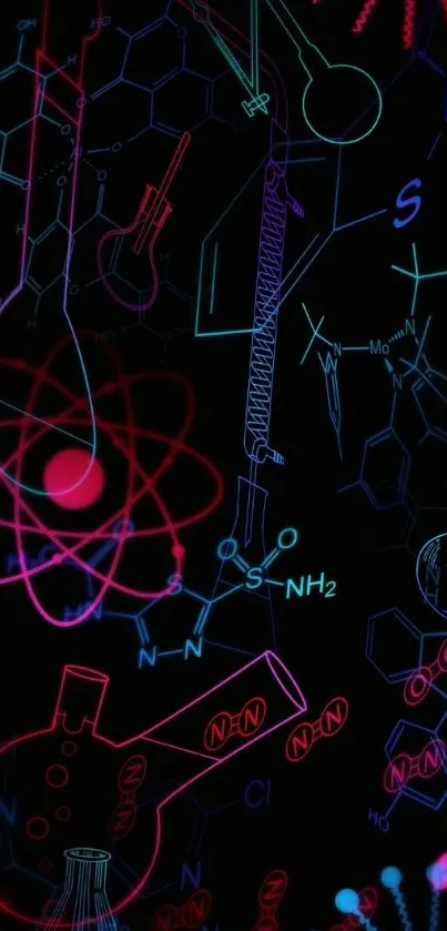 Neon science wallpaper with molecular designs on black background.