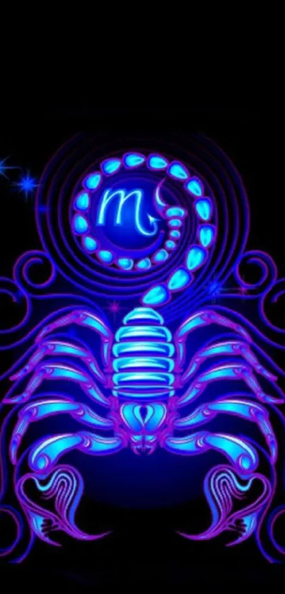 Neon blue and purple Scorpio zodiac wallpaper with stars.