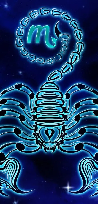 Neon glowing Scorpio zodiac sign with starry backdrop.