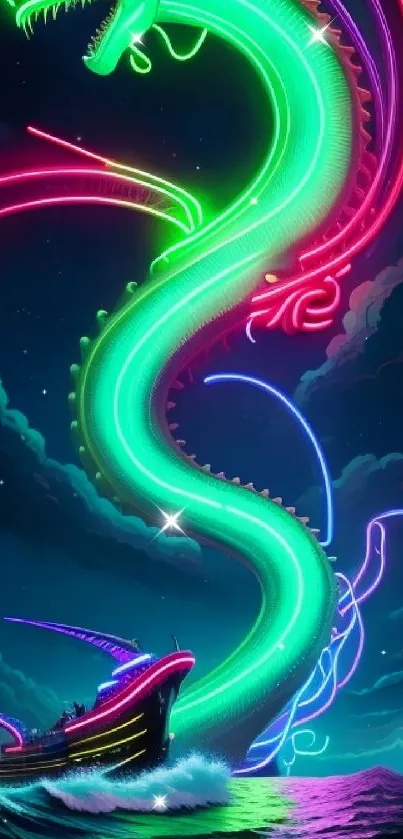 Vibrant neon serpent coils over a ship at sea, creating a mystical scene.