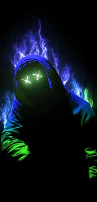 A neon-lit hooded figure with glowing eyes and colorful aura.