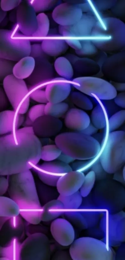 Mobile wallpaper with neon shapes over purple pebbles, creating a vibrant effect.