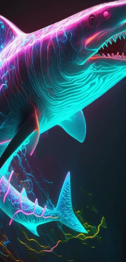 Neon shark digital art with vibrant colors and futuristic design.