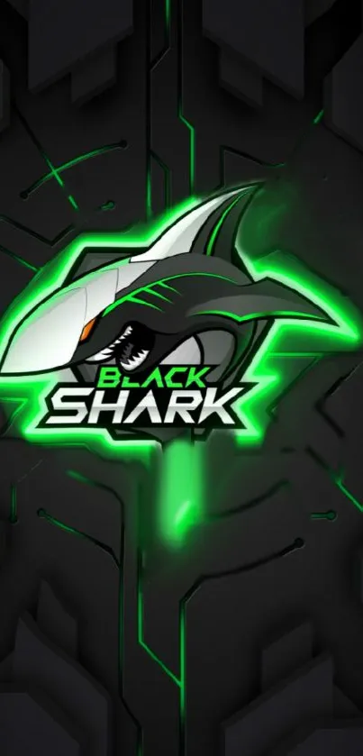 Neon green and black shark-themed tech wallpaper.