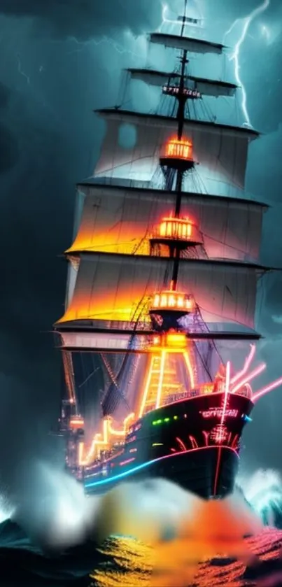 Neon-lit pirate ship sails through a stormy ocean.