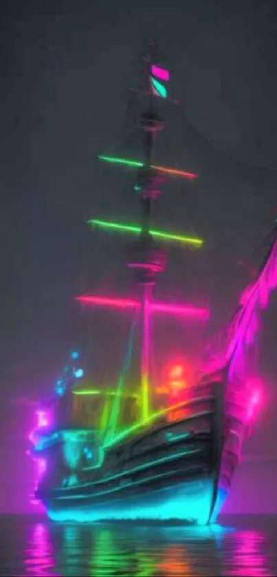 Neon-lit ship sailing on water in vibrant colors.