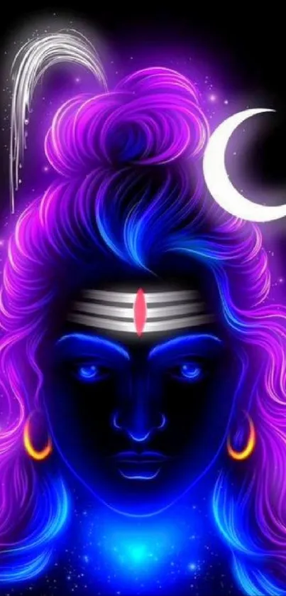 Neon art of Lord Shiva with vibrant purple and blue glowing details.