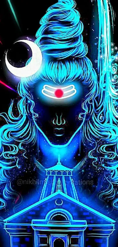 Electric blue neon art of Shiva with glowing elements.