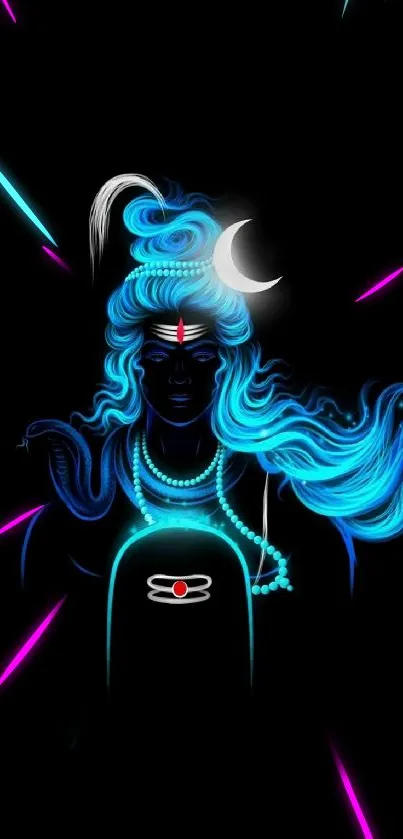 Neon blue Shiva with flowing hair on a black mobile wallpaper.