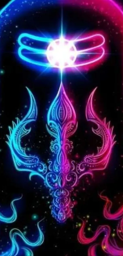 Neon design of Shiva's Trishul with vibrant blue and pink hues.