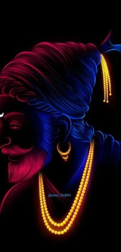 Neon portrait of Shivaji Maharaj with vibrant colors on a dark background.