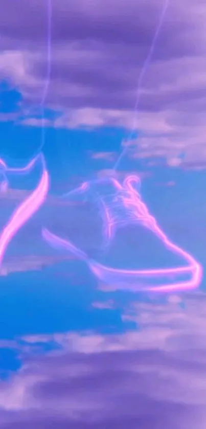 Neon shoes floating in a purple sky with dreamy clouds.