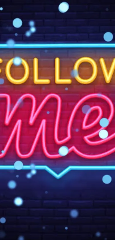 Neon 'Follow Me' sign on a dark blue background.