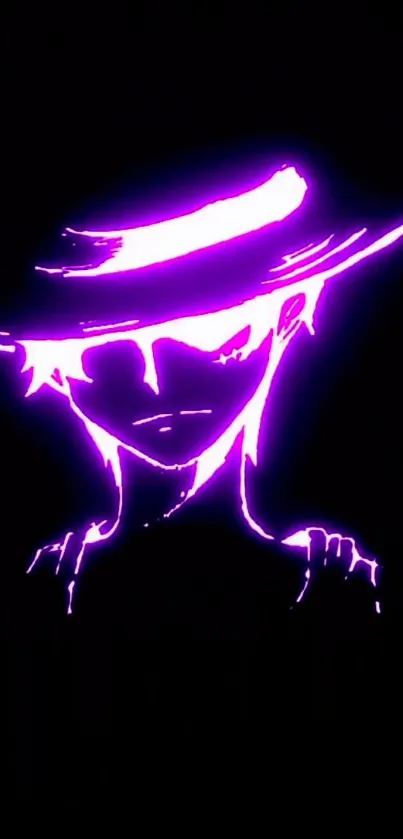 Neon silhouette of an anime character in purple with a black background.