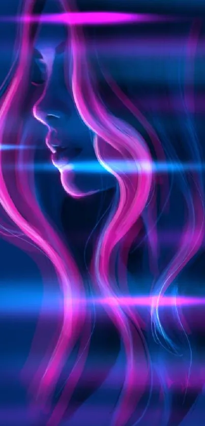 Artistic neon silhouette of a woman with vibrant pink and blue hues.