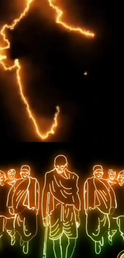 Neon silhouettes marching under an electric outline.