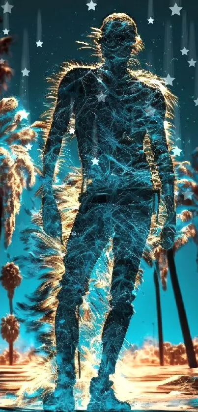 Neon silhouette of a figure amid glowing palm trees, set in a cyberpunk style.