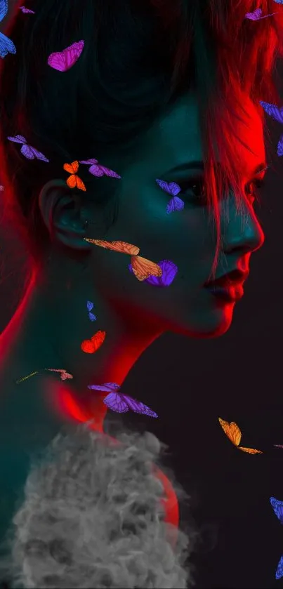 Artistic neon silhouette wallpaper with red and teal hues.