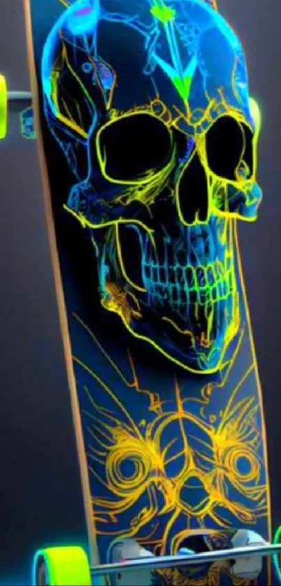 Neon skateboard with a vibrant skull design in bright colors.