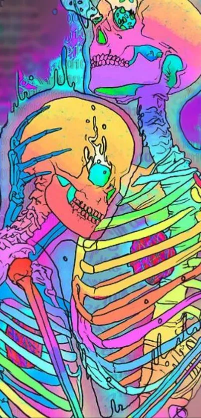 Neon skeletons with vibrant, psychedelic colors in a digital art style.