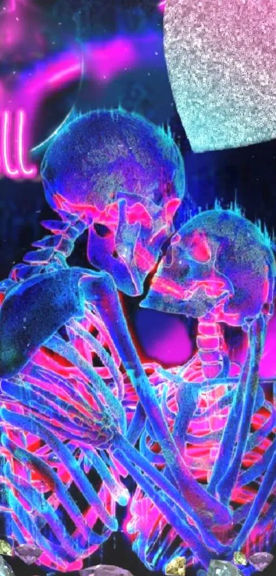 Neon skeleton couple in cosmic art.