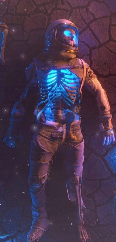 Neon-lit skeleton astronaut surrounded by glowing skeletons on cracked ground.